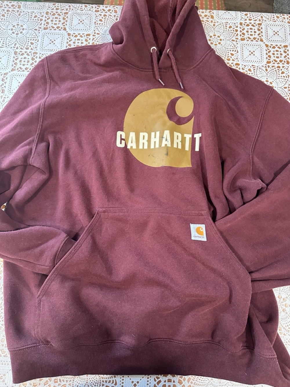 Carhartt Hoodie XL Loose Fit Burgundy Big Logo Workwear Pullover